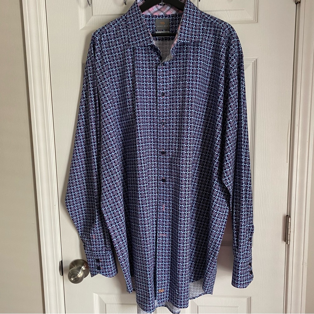 Thomas Dean Mens‎ Novalty Print Blue/Black/Pink Long Sleeve Flip cuff Shirt 3XLT